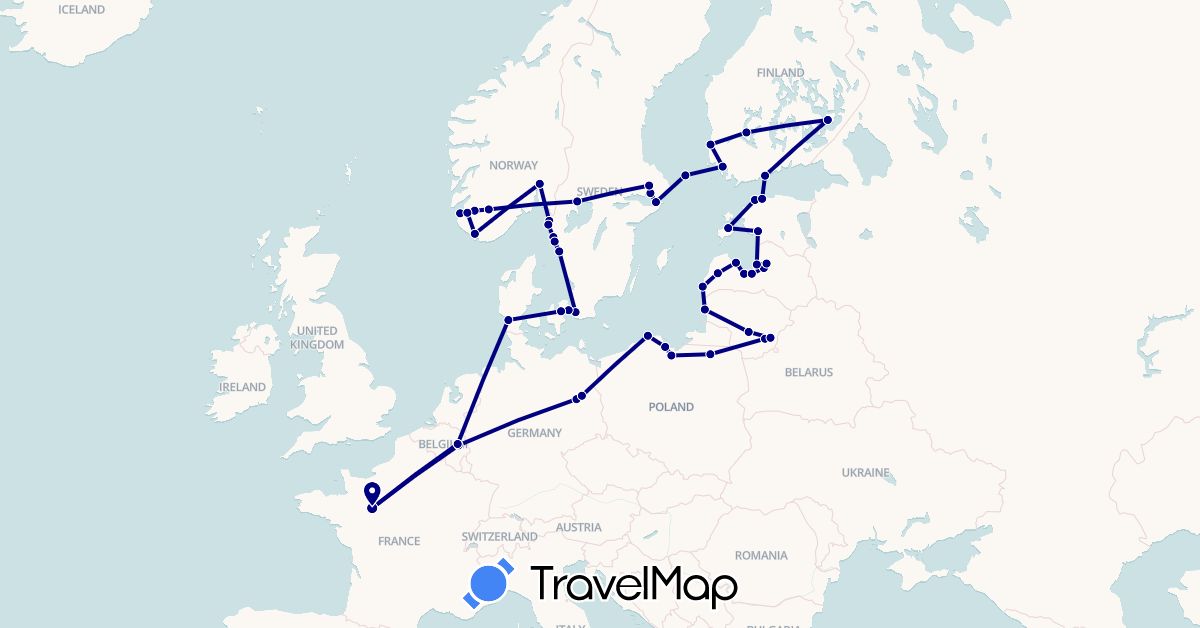 TravelMap itinerary: driving in Åland Islands, Belgium, Germany, Denmark, Estonia, Finland, France, Lithuania, Latvia, Norway, Poland, Sweden (Europe)